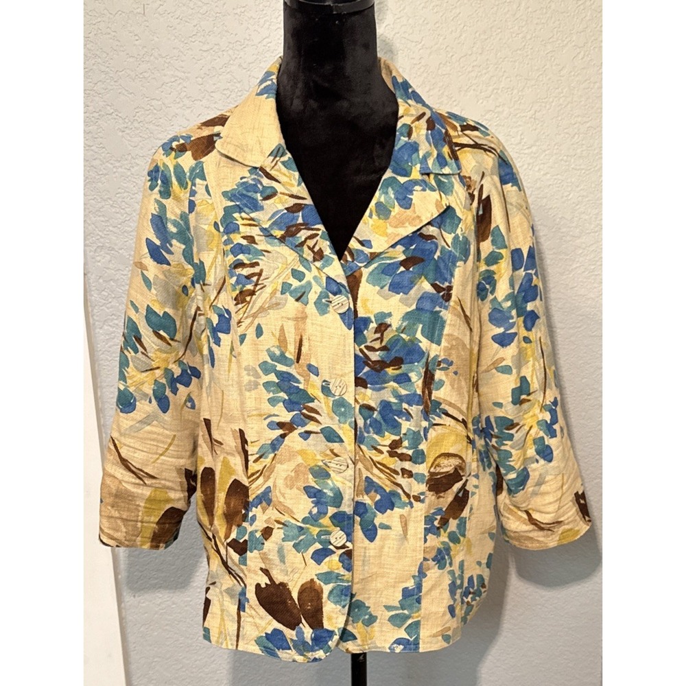 Coldwater Creek Women's Petite XL Floral Jacket Blue Cream Brown Linen Blend